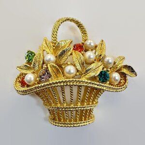 Flower Brooch Gerry's Basket Gold Tone Rhinestones Vintage Faux Pearl Mint